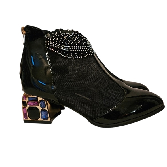 Black Rhinestone Gem Heel Ankle Boots Sz 38 (7.5 US) Party Prom Glam Whimsigoth‎ - Picture 7 of 9